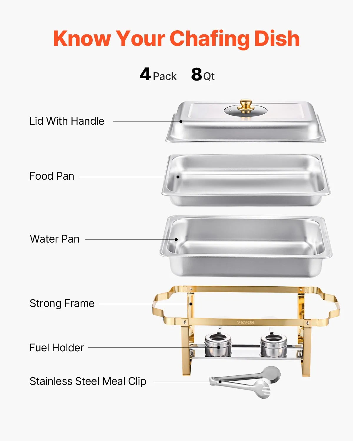 VEVOR 8 Qt 4 Pack Rectangle Chafing Dish Buffet Set Fullsize Pan Stainless Steel