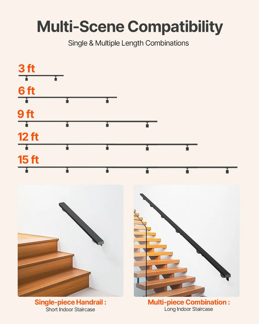 VEVOR 15ft Wall Mounted Stair Handrail Black Aluminum 250lbs Load Capacity
