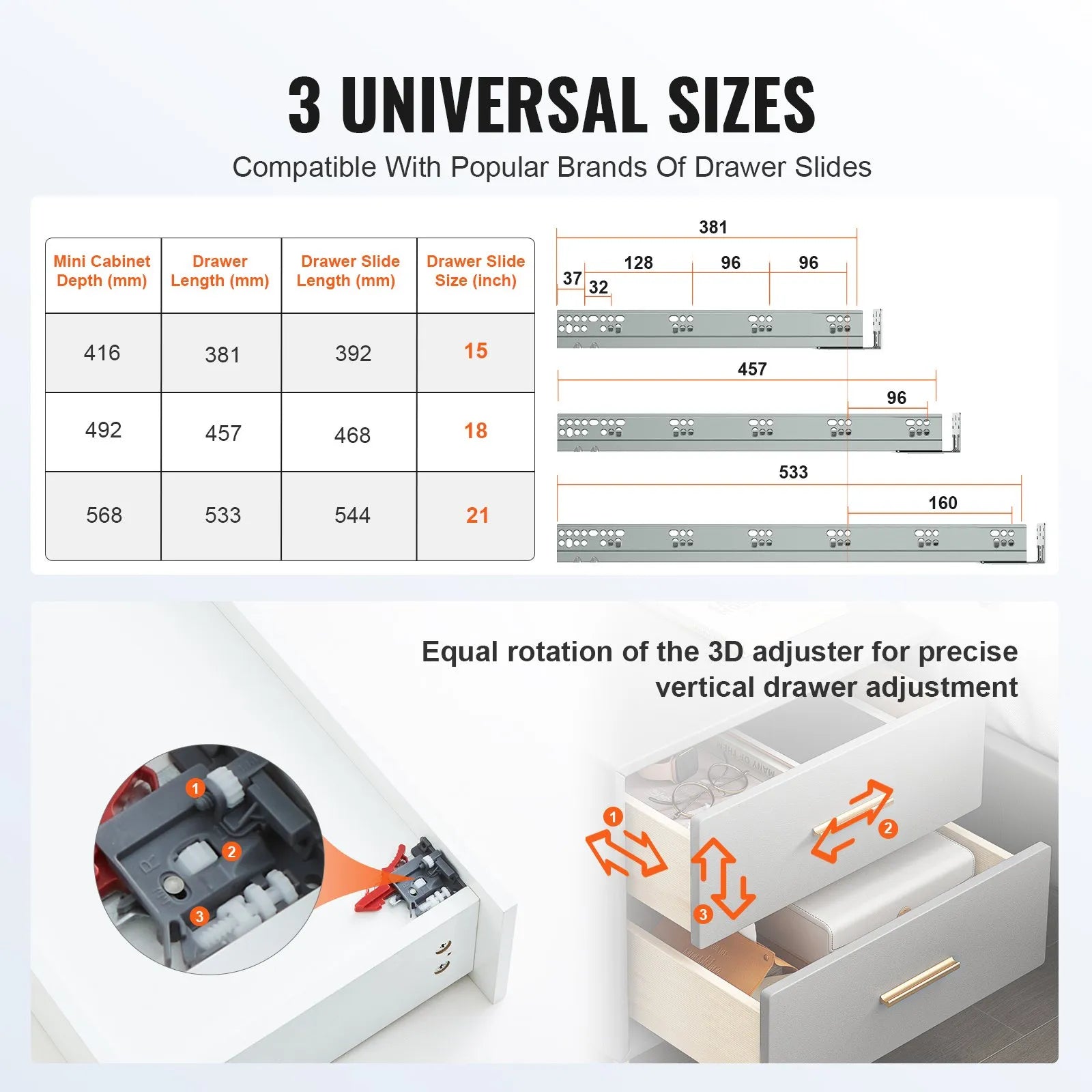 VEVOR 6 Pairs of 21 Inch Drawer Bottom Side Mount Rails, Heavy Duty Full Ball Bearing Extension Steel Track, Soft-Close Noiseless Guide Glides Cabinet Kitchen Runners with Locking Mechanism, 100 Lbs