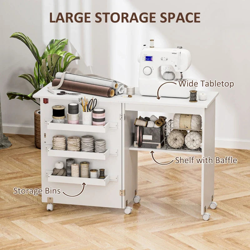 Sewing Machine Cabinet, Folding Sewing Table with Storage Shelf, Bins and Lockable Wheels for Small Space, White