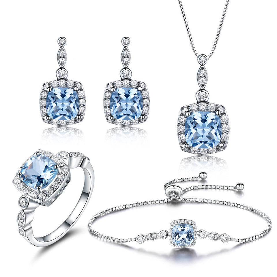 Blue Topaz Birthstone Set – 925 Sterling Silver Jewelry - 4 Piece Set