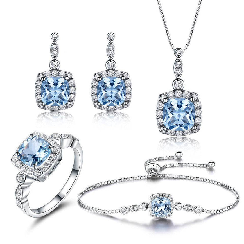 Blue Topaz Birthstone Set – 925 Sterling Silver Jewelry - 4 Piece Set