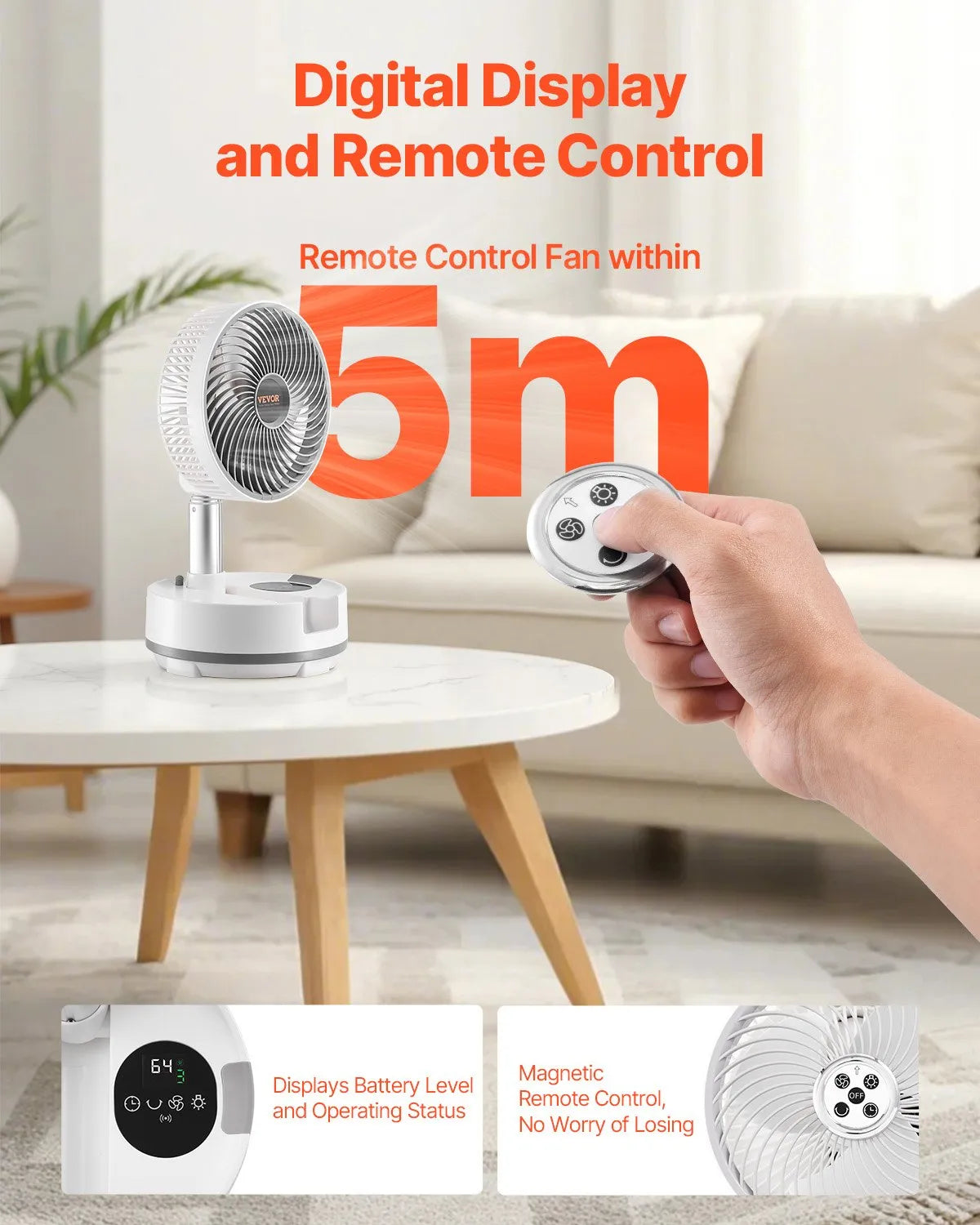 VEVOR 8 inch Foldable Rechargeable Oscillating Fan 3 in 1 Remote 8 Speeds