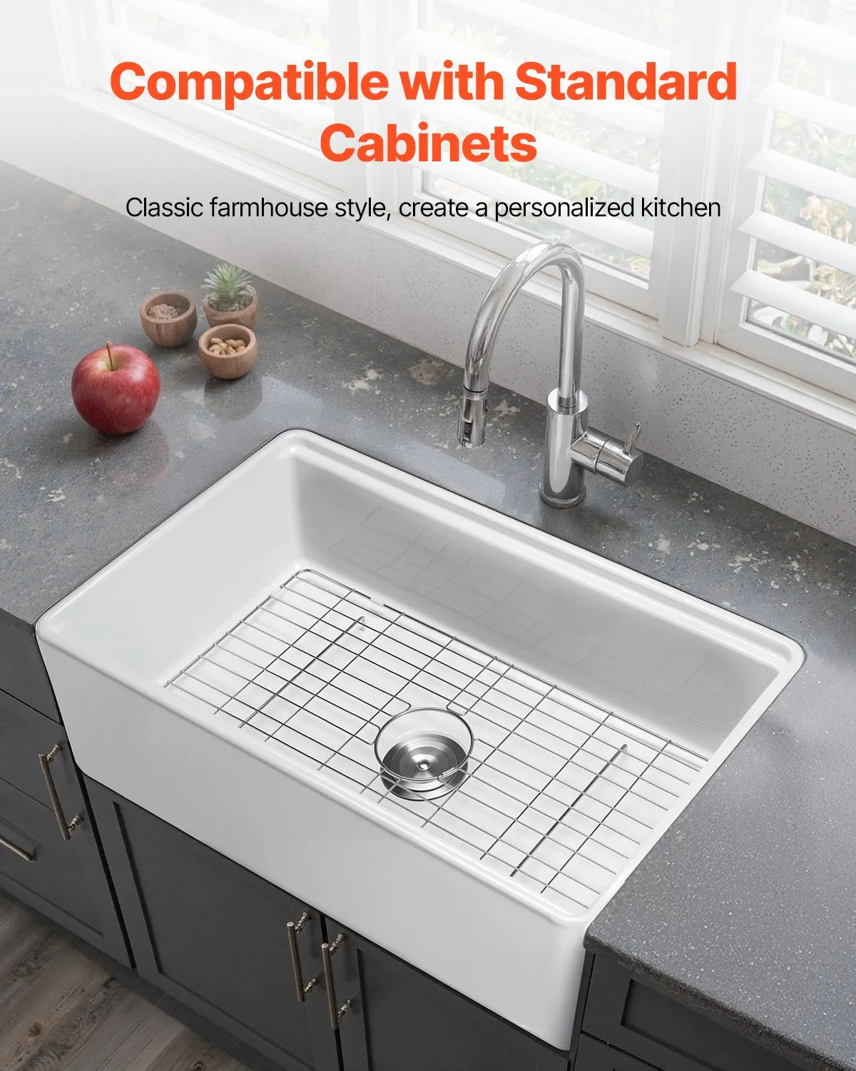 VEVOR 32.5 in Farmhouse Sink Undermount Kitchen Single Bowl Basin Fireclay White
