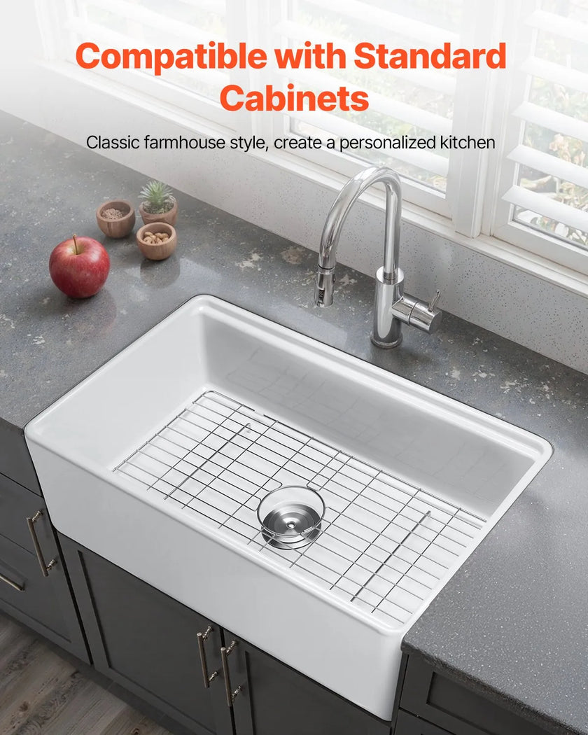 VEVOR 32.5 in Farmhouse Sink Undermount Kitchen Single Bowl Basin Fireclay White