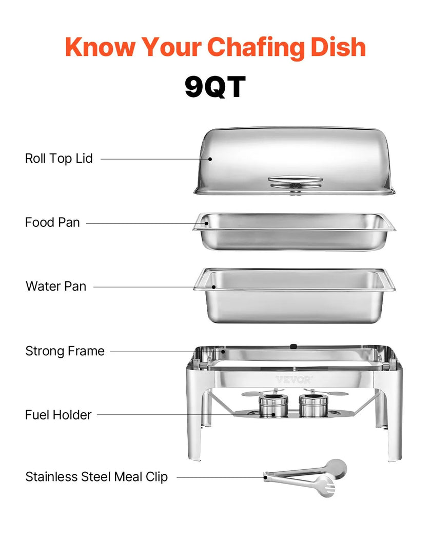 VEVOR 9Qt Rectangle Roll Top Chafing Dish Set with Full-Size Pan Stainless Steel