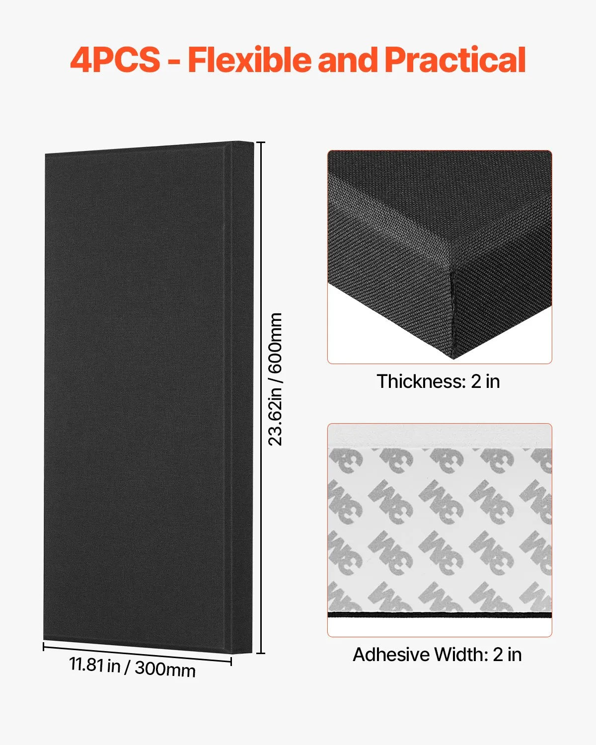 VEVOR 4 PCS Acoustic Wall Panels 2 in Thick 23.6 x 11.8 in Self-adhesive Black