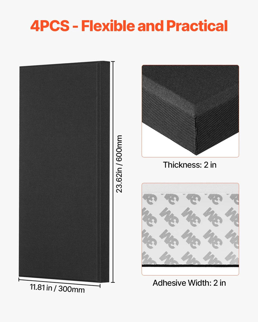 VEVOR 4 PCS Acoustic Wall Panels 2 in Thick 23.6 x 11.8 in Self-adhesive Black