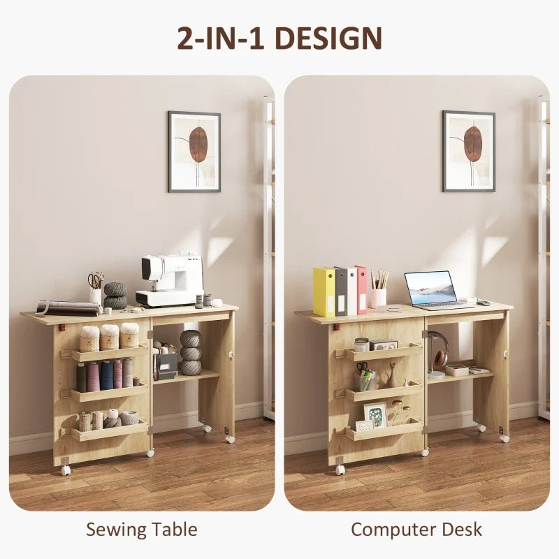 Sewing Machine Cabinet, Folding Sewing Table with Storage Shelf, Bins and Lockable Wheels for Small Space, Nature Wood