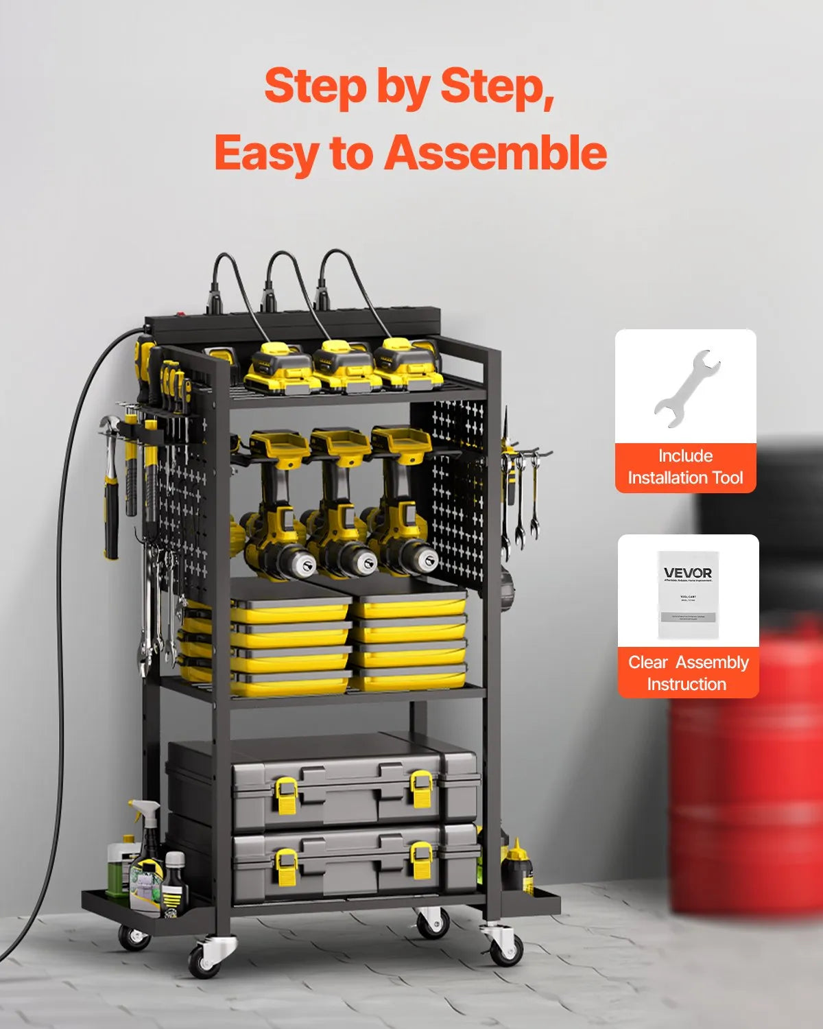 VEVOR 4-tier Tool Organizer Cart with Charging Station Garage Cart on Wheels