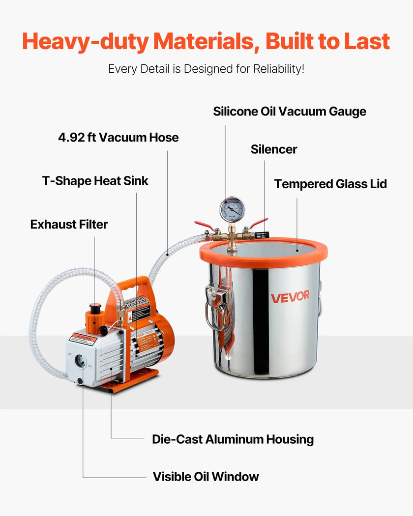 VEVOR 3.5CFM Single Stage Vacuum Pump 3 Gallon Stainless Steel Degassing Chamber