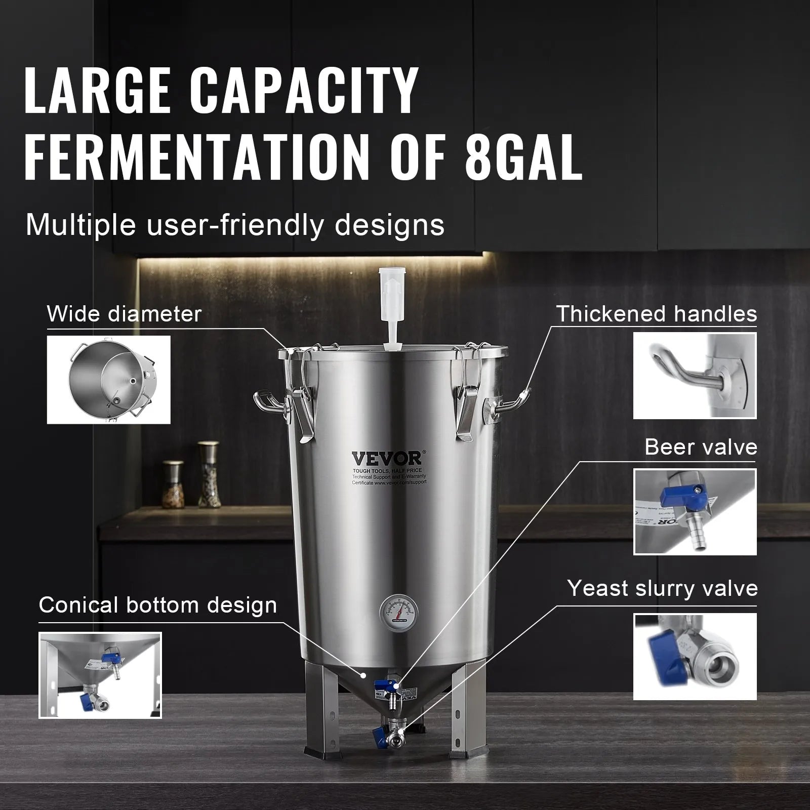 VEVOR 304 Stainless Steel Kettle, 8 GALLON Beer Brew Fermentor, Brew Bucket Fermentor for Brewing, Home Brewing Supplies with Base, Kettle Stock Pot Includes Lid, Handle, Valve, Spigot, Thermometer