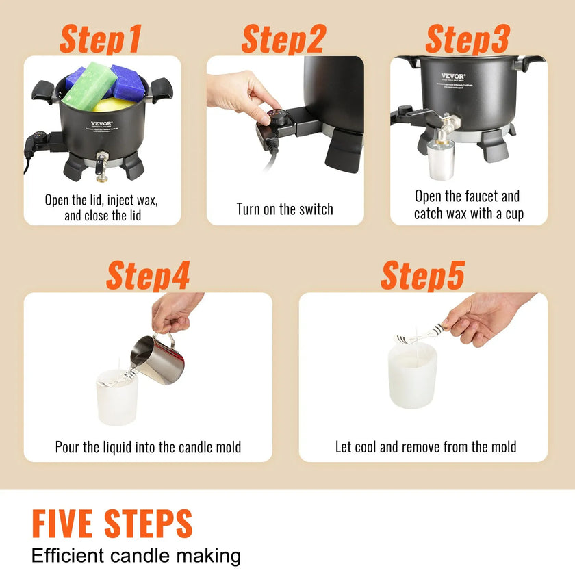 VEVOR 5 L Wax Melter for Candle Making, Large Electric Wax Melting Pot Easy Pour Spout, 4-level Temperature Control, Easy Clean for Candle Soap Cream Beauty Bulk Production Business or Home