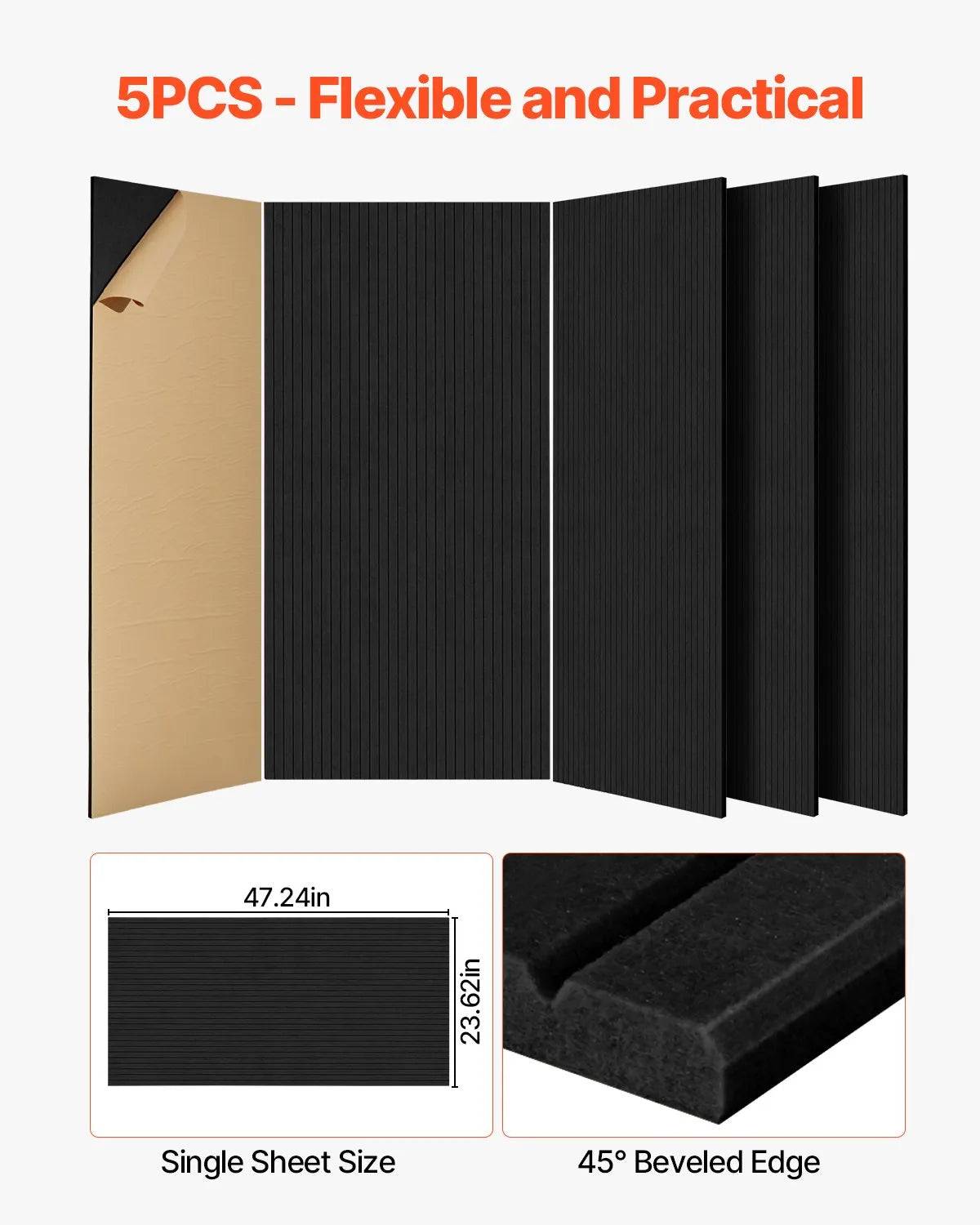 VEVOR 5 Pack Acoustic Wall Panels 47.2 x 23.6 x 0.4 inch Self-Adhesive Black