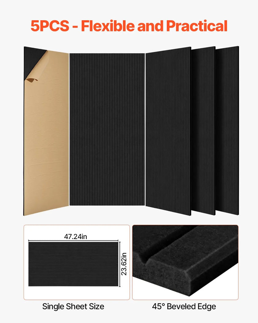 VEVOR 5 Pack Acoustic Wall Panels 47.2 x 23.6 x 0.4 inch Self-Adhesive Black