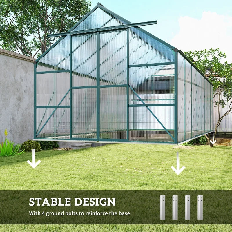 16' x 8' Aluminum Polycarbonate Greenhouse Walk-in Garden Greenhouse Kit with Adjustable Roof Vent, Rain Gutter and Sliding Door for Winter, Green