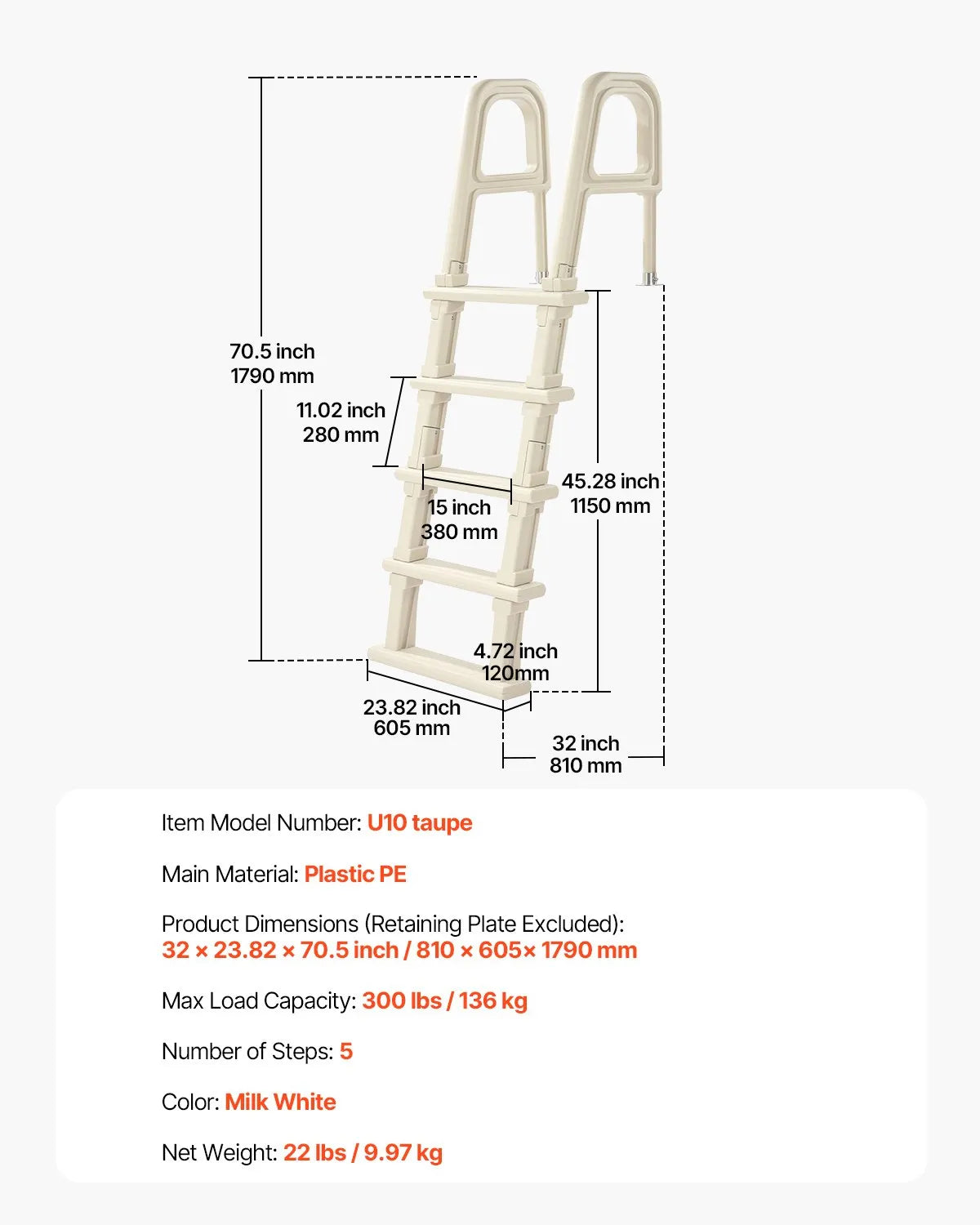 VEVOR 5-Step Inclined Pool Ladder of 2 Handrails Loads 300 lb for 48-54 In Pool