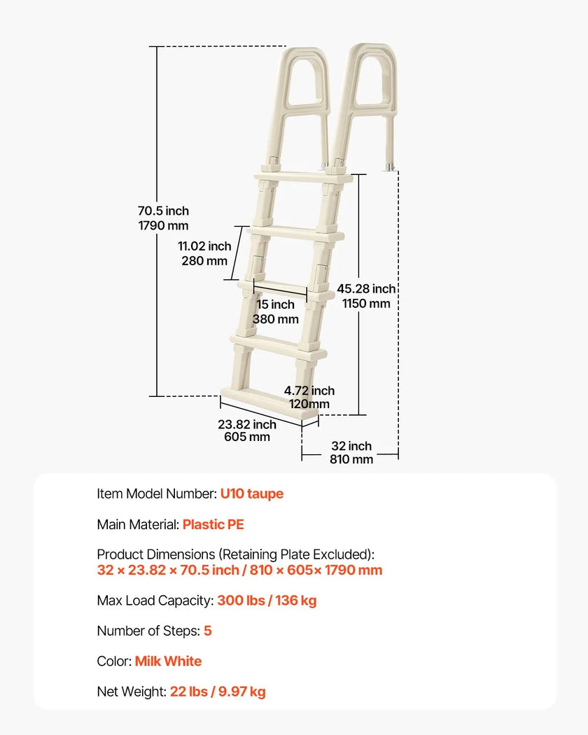 VEVOR 5-Step Inclined Pool Ladder of 2 Handrails Loads 300 lb for 48-54 In Pool