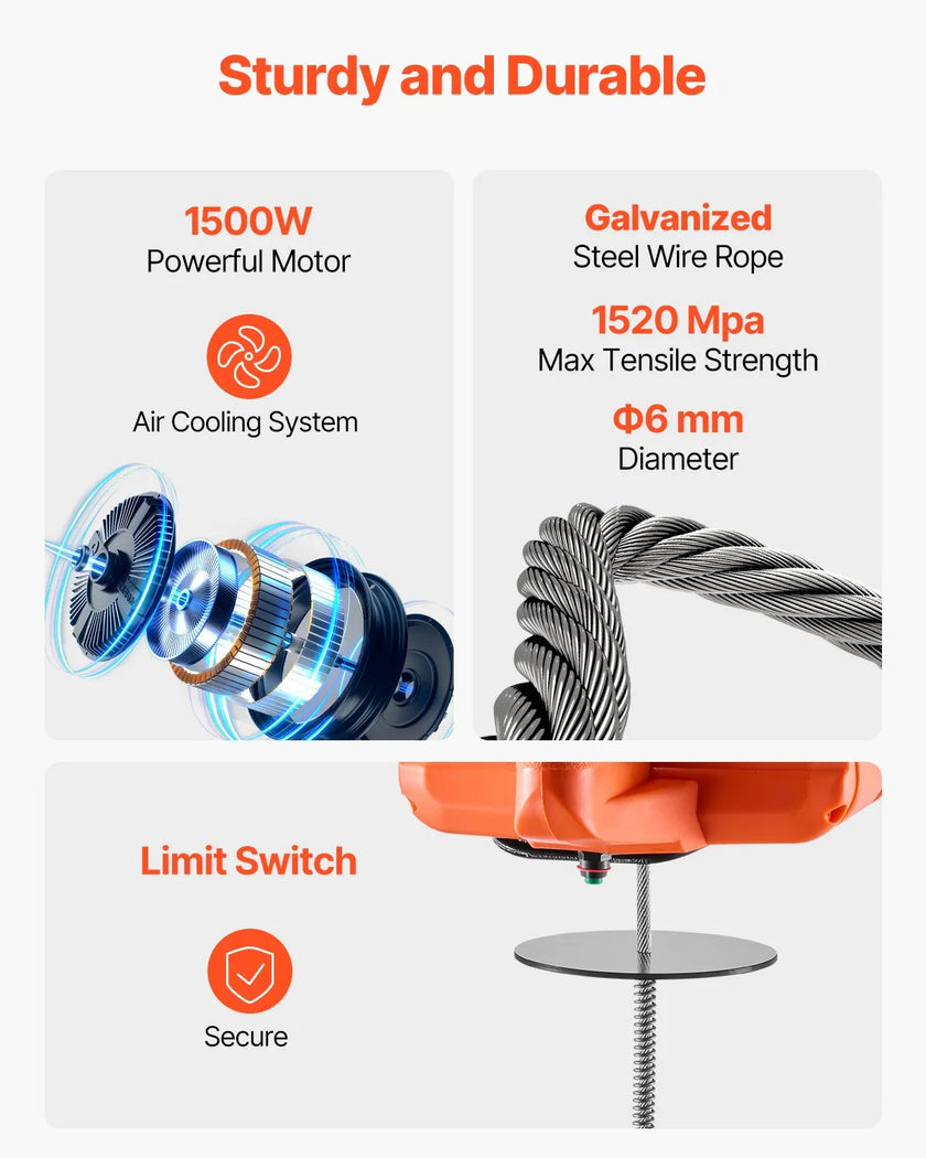 VEVOR 3-in-1 Portable Electric Hoist Winch 1100LBS Wired/Wireless Remote Control