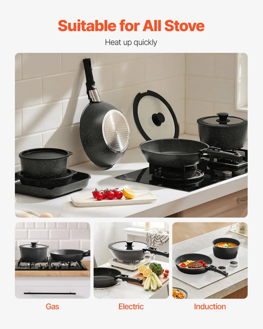 VEVOR 17 Piece Pots and Pans Set Granite Nonstick Kitchen Cookware Black