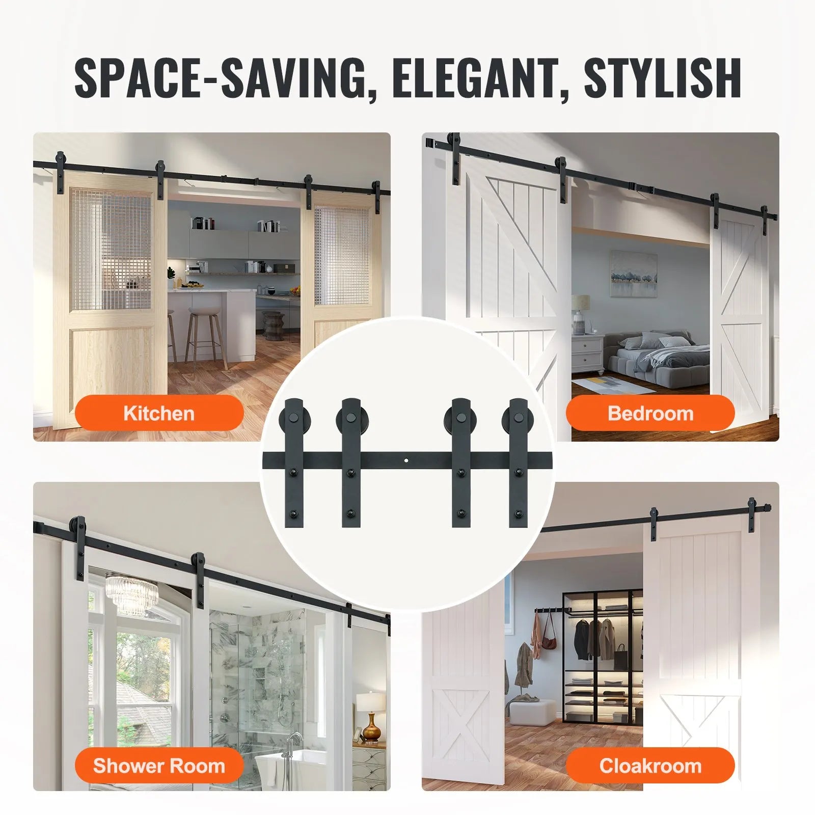 VEVOR 8FT Sliding Barn Door Hardware Kit, 330LBS Heavy Duty Barn Door Track Kit for Double Doors, Fit 3.7-4.3FT Total Wide and 1.3