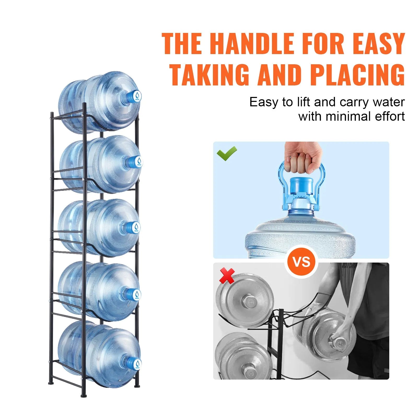 VEVOR 5 Tiers Water Jug Holder Single Row Water Bottle Rack for 5 Bottles Black