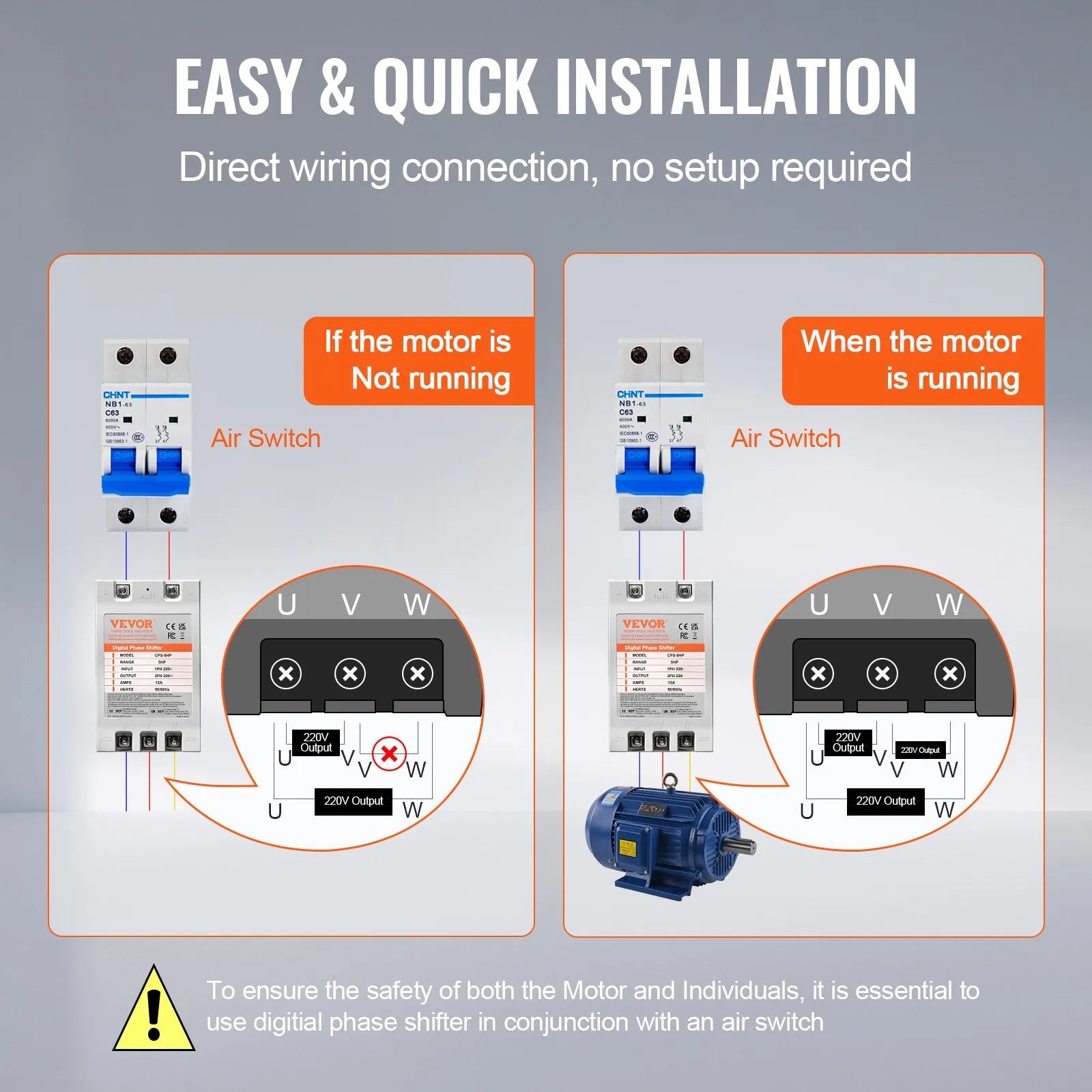 VEVOR 3 Phase Converter - 5HP 15A 220V Single Phase to 3 Phase Converter, Digital Phase Shifter for Residential and Light Commercial Use, 220V-240V Input/Output (One Converter for One Motor Only)