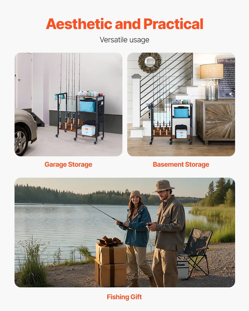 VEVOR 12 Pole Fishing Rod Holder Fishing Rack Cart Organizer for Garage Wheels