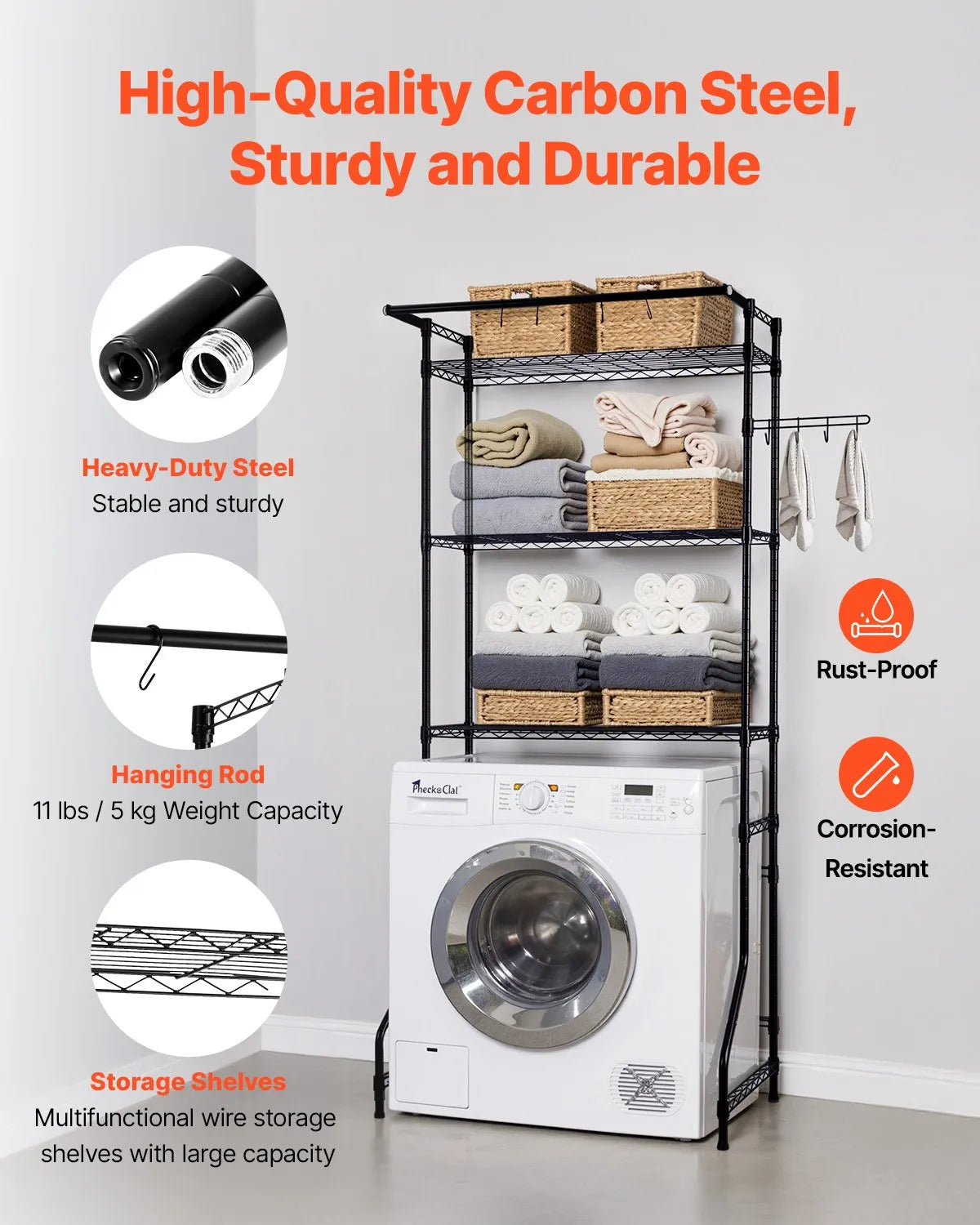 VEVOR Over Washer and Dryer Storage Shelf Single Row 3 Tiers Washer Rack Black