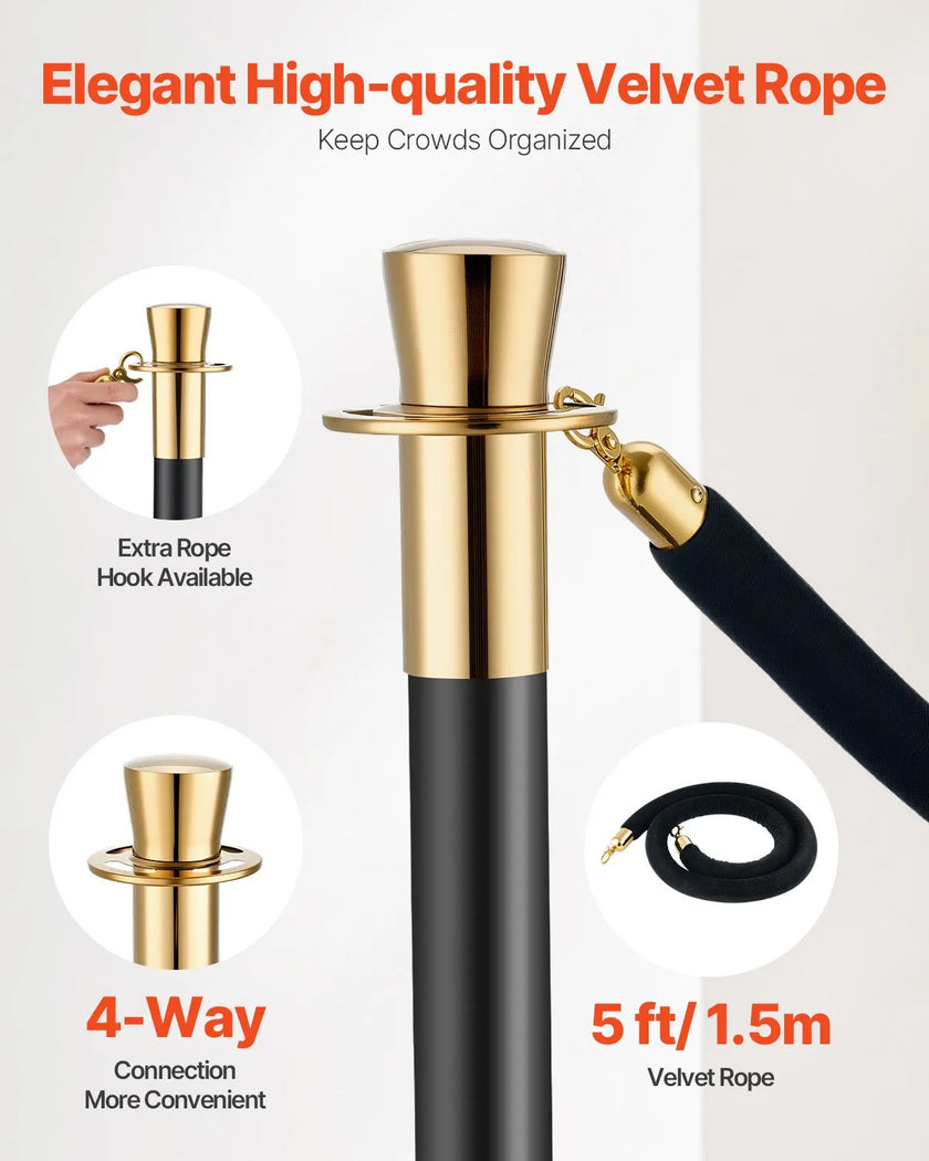 VEVOR 6 Pcs Stanchion Post with 4 Black Velvet Ropes Sand Injection Hollow Base