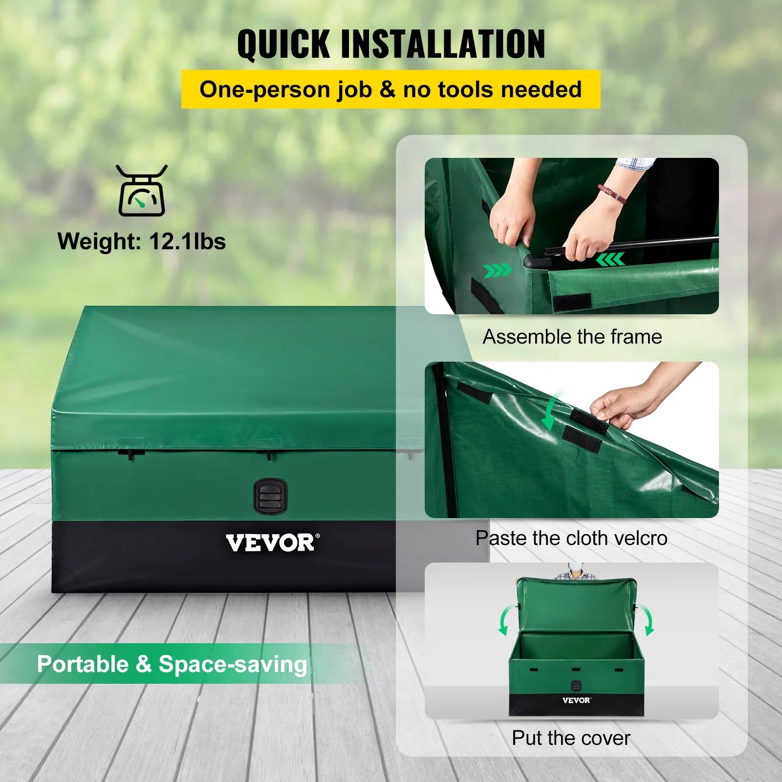 VEVOR Outdoor Storage Box, 100 Gallon Waterproof PE Tarpaulin Deck Box w/ Galvanized Frame, All-Weather Protection & Portable, for Camping, Garden, Poolside, and Yard, Brown & Blue