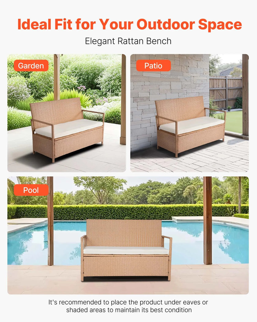 VEVOR Outdoor Storage Bench PE Rattan 70 Gal Deck Box Waterproof Outdoor Seat
