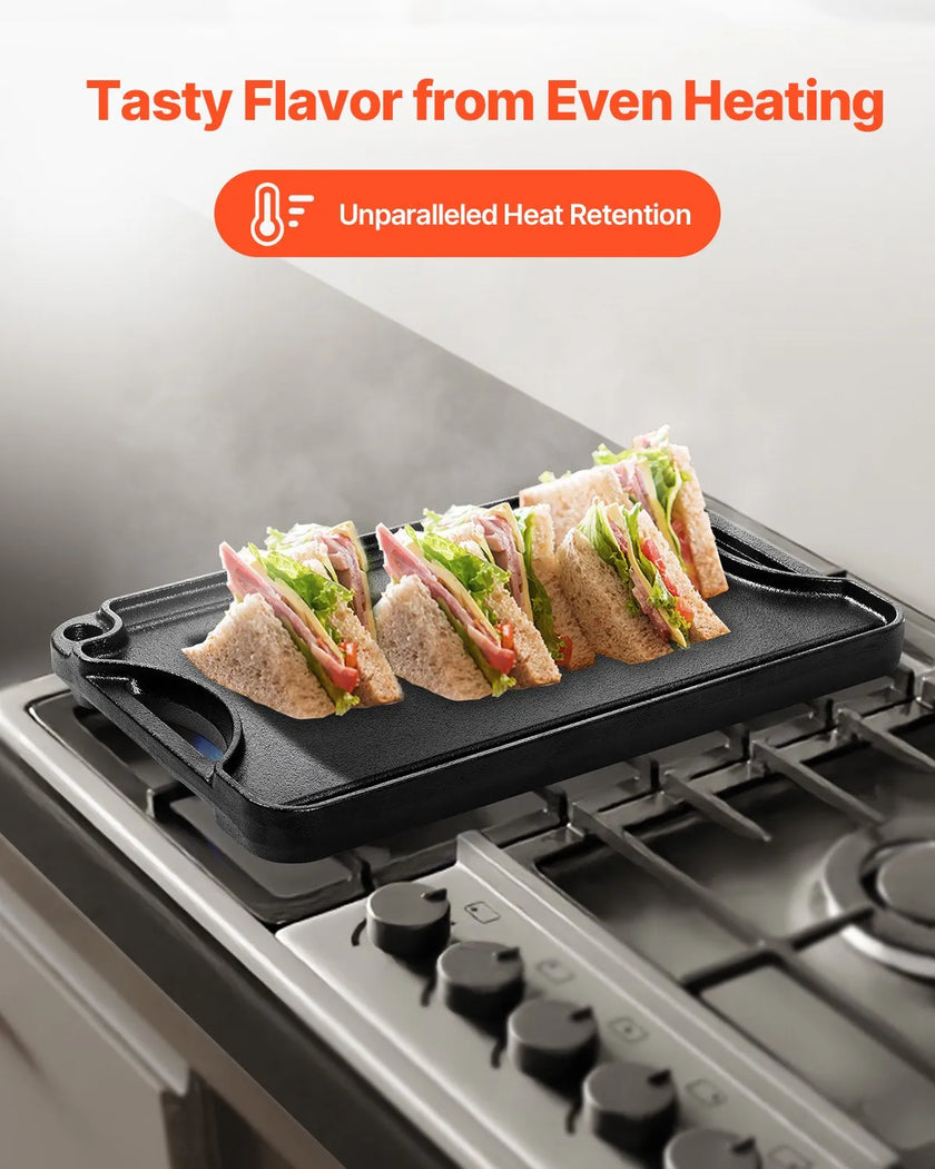 VEVOR 14x8.5 in Reversible Grill Griddle Pre-Seasoned BBQ Pan Cast Iron Black