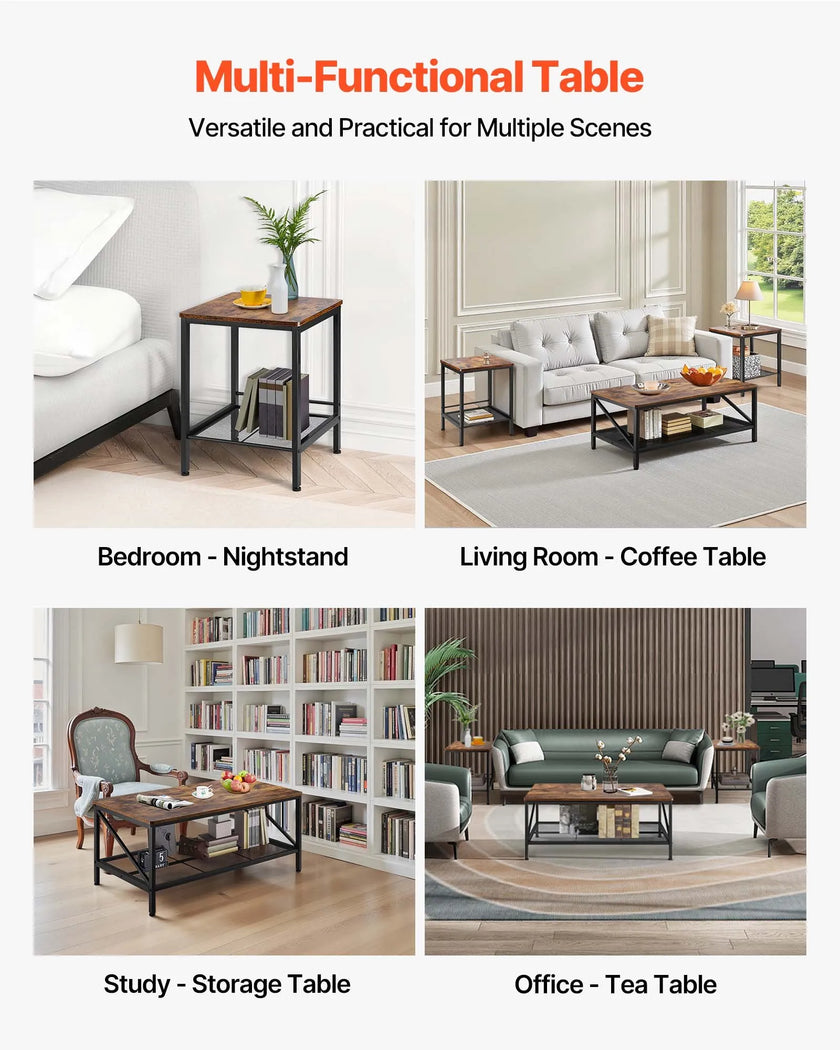 VEVOR 3 Pieces Living Room Table Sets 41.3 in Coffee Table with 2 End Tables