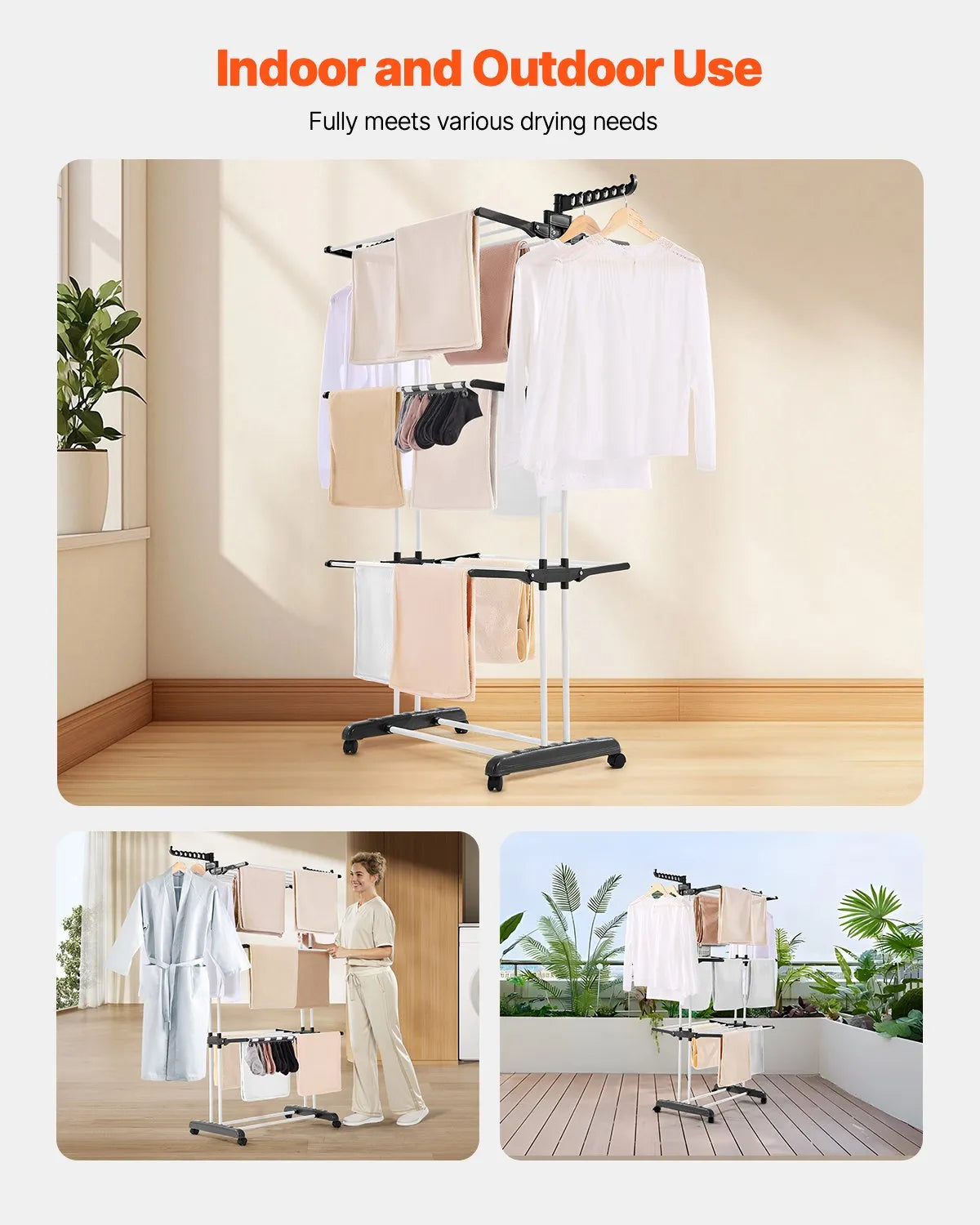 VEVOR 4-Tier Foldable Clothes Drying Rack with 24 Drying Poles and 4 Castors