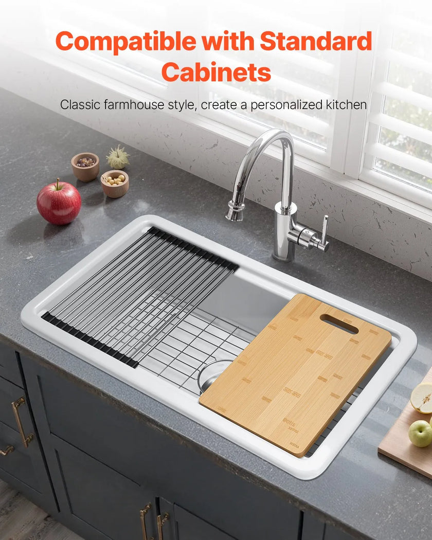 VEVOR 33in Farmhouse Sink Topmount Undermount Kitchen Single Bowl Basin Fireclay