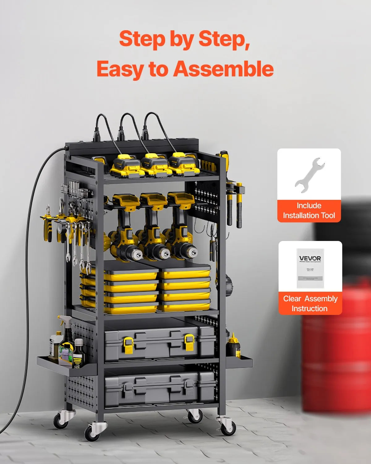 VEVOR 5-tier Tool Organizer Cart with Charging Station Garage Cart on Wheels