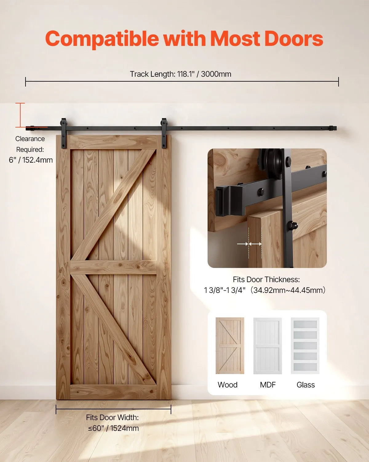 VEVOR 10FT Sliding Barn Door Hardware Kit for Single Sliding Barn Door J-shape