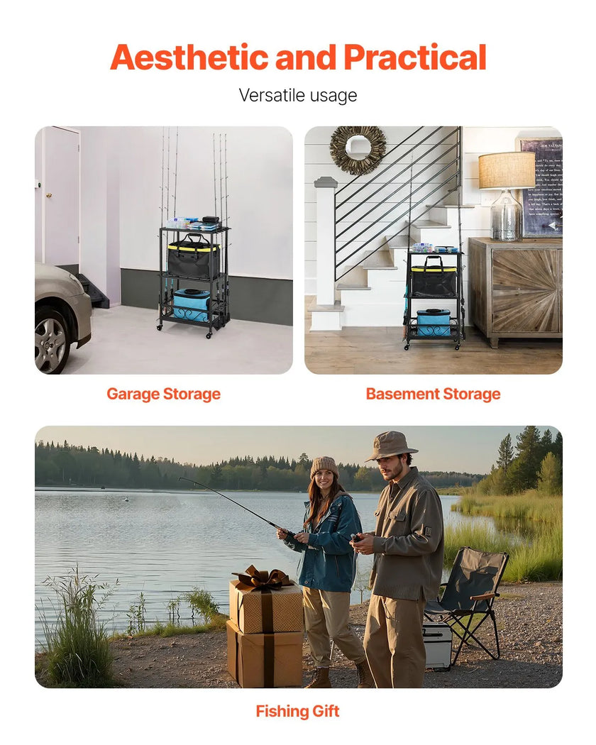 VEVOR 10 Pole Fishing Rod Holder Fishing Rack Cart Organizer for Garage Wheels