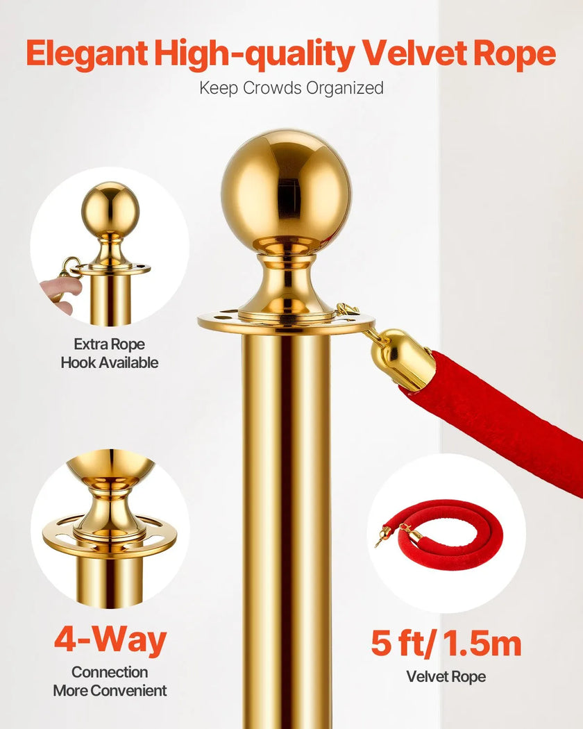 VEVOR 4 Pcs Gold Stanchion Post 3 Red Velvet Ropes Sand Injection Hollow Base