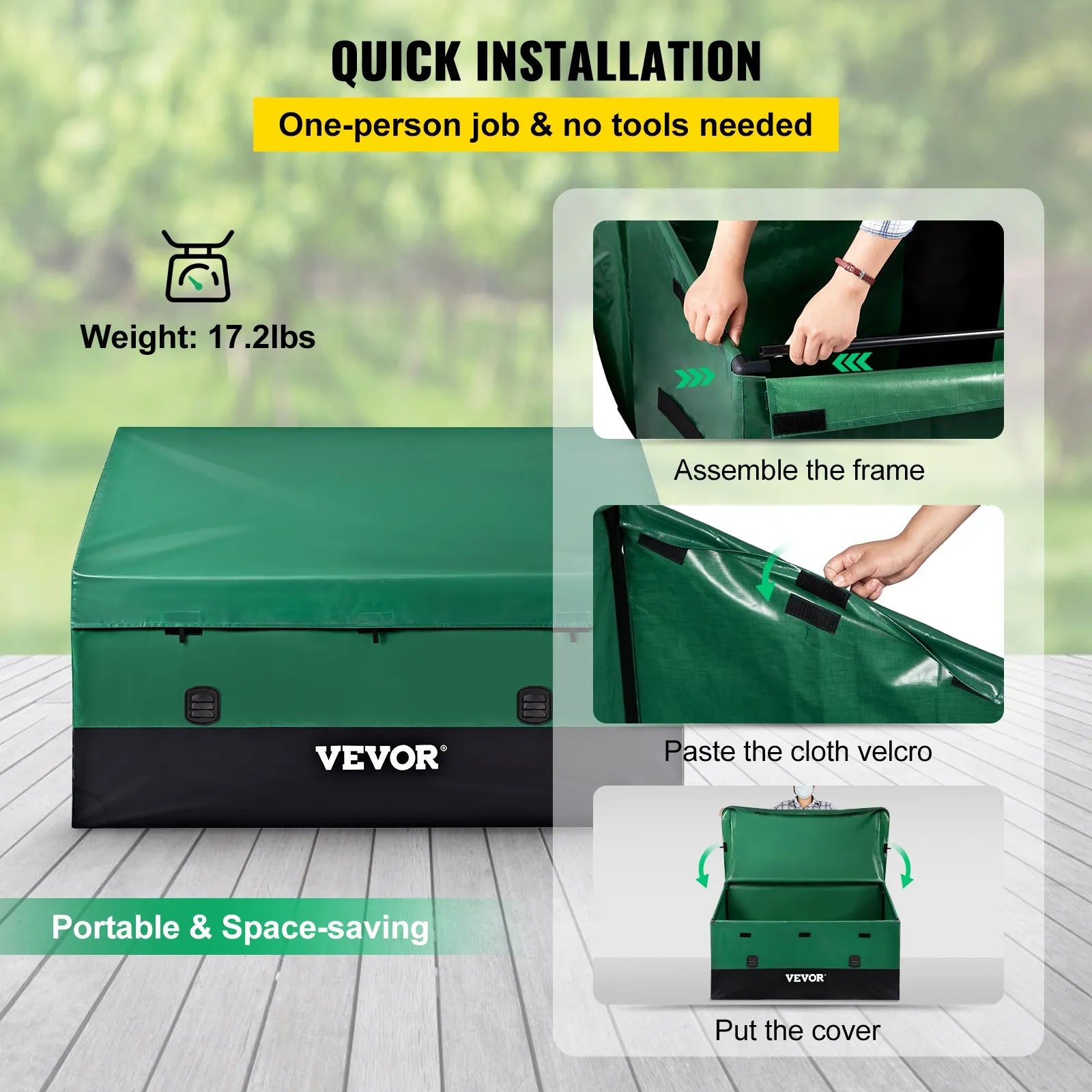 VEVOR Outdoor Storage Box, 230 Gallon Waterproof PE Tarpaulin Deck Box w/ Galvanized Frame, All-Weather Protection & Portable, for Camping, Garden, Poolside, and Yard, Brown & Blue