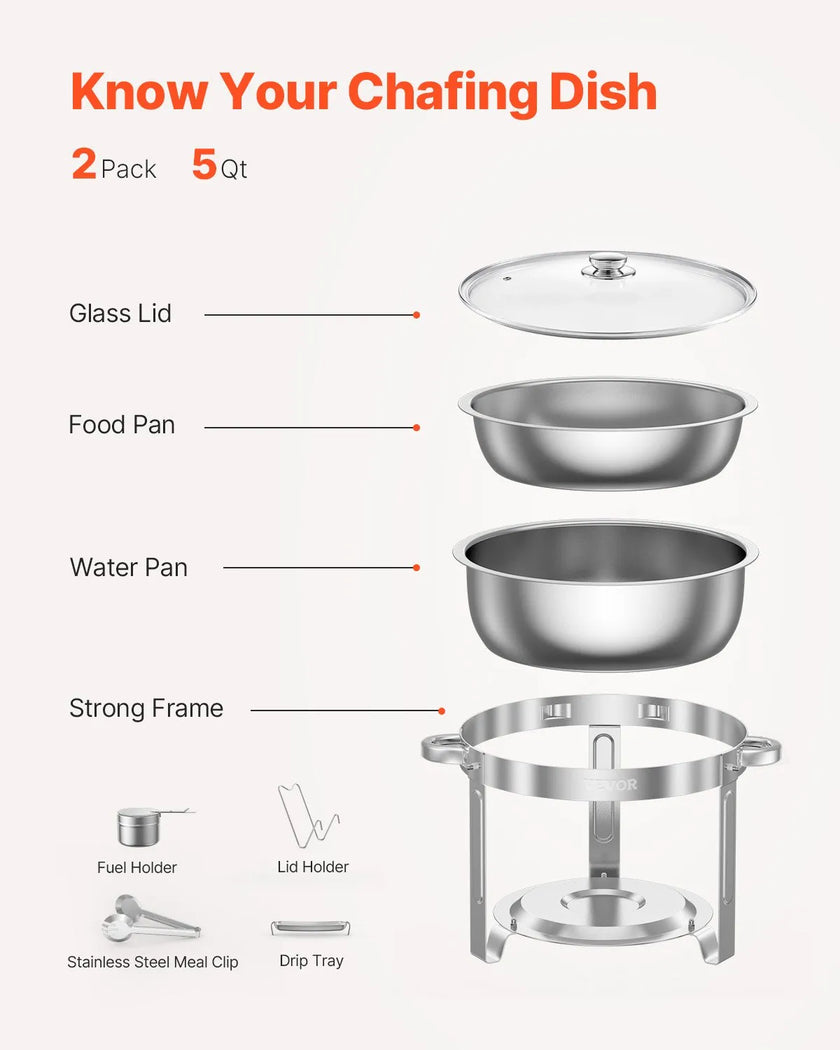 VEVOR 5 Qt 2 Pack Round Chafing Dish Buffet Set Full-Size Pan Stainless Steel