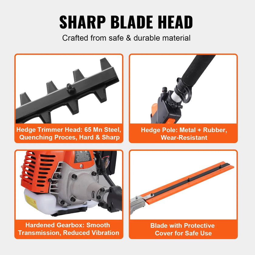 VEVOR 26CC 6-in-1 Multi-Functional Trimming Tools, Gas Hedge Trimmer, Weed Eater, String Trimmer, Brush Cutter, Edger, Pole Saw Chainsaw Pruner with Extension Pole