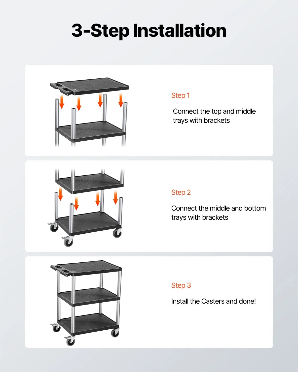 VEVOR 3-shelf Utility Cart 300 lbs 27.6 x 18.1-inch Service Cart with Wheels