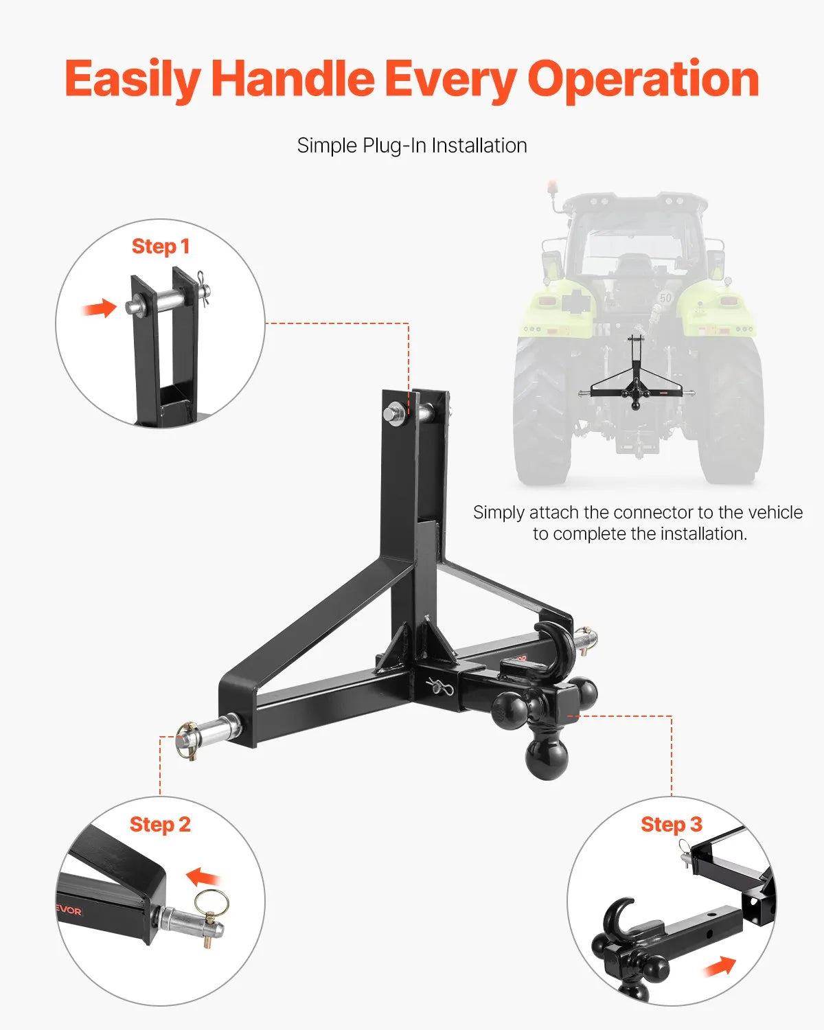 VEVOR 3 Point 2 in Trailer Hitch Receiver Tractor Drawbar Adapter Heavy Duty