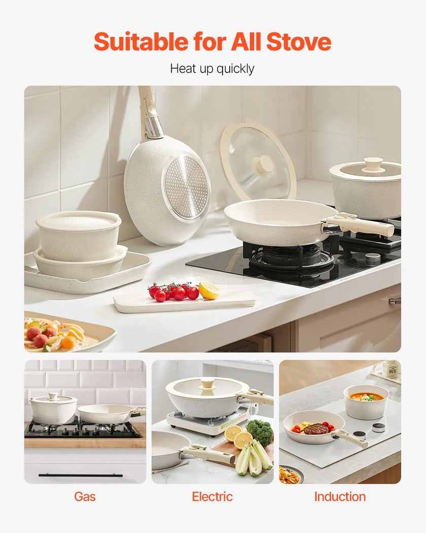 VEVOR 17 Piece Pots and Pans Set Granite Nonstick Kitchen Cookware White
