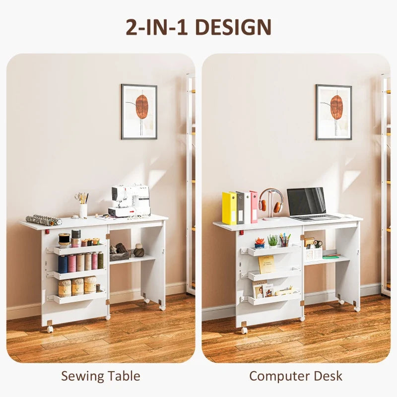 Sewing Machine Cabinet, Folding Sewing Table with Storage Shelf, Bins and Lockable Wheels for Small Space, White