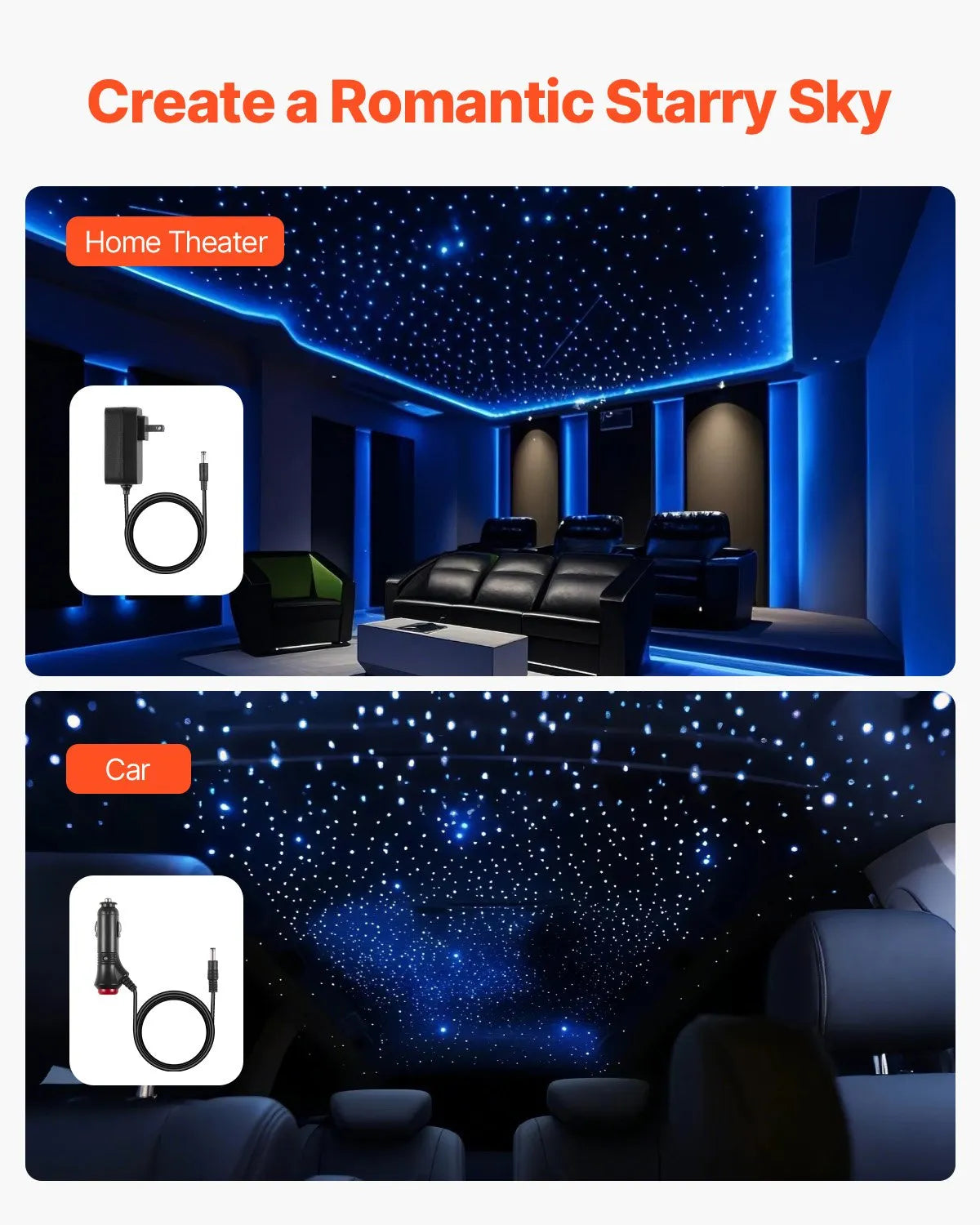 VEVOR 900pcs Headliner Star Light Kit Roof Twinkle Ceiling Lights Fiber Optic