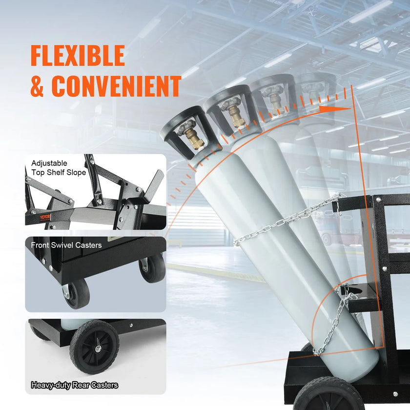 VEVOR 2-Tier 4 Drawers Welding Cart, Welder Cart with 265LBS Static Weight Capacity, 360° Swivel Wheels, Tank Storage Safety Chains, Heavy Duty Rolling for Mig Welder and Plasma Cutter