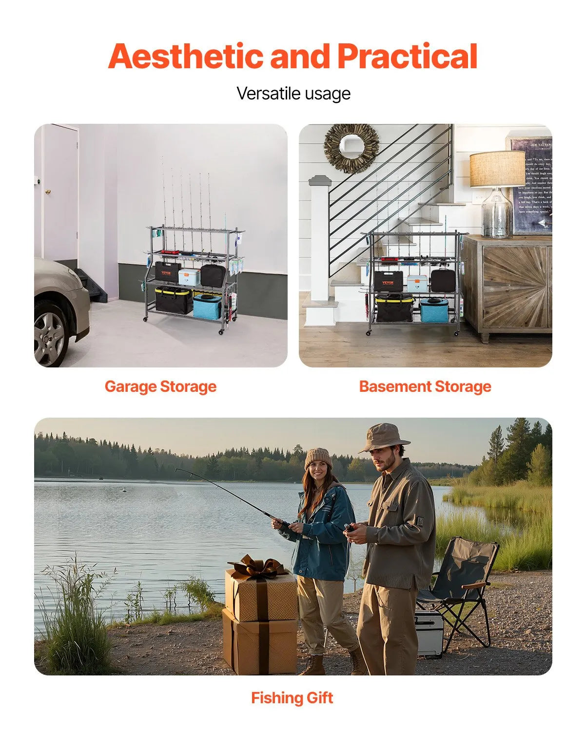 VEVOR 15 Pole Fishing Rod Holder Fishing Rack Cart Organizer for Garage Wheels
